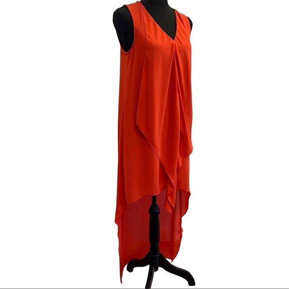 CAROLINA Belle red sleeveless flowy ruffle frill front midi dress Sz S - Picture 3 of 10